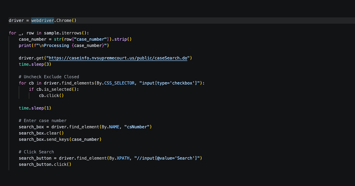Figure 2A. Selenium automation used to query appellate case numbers in the Nevada Appellate Case Management System